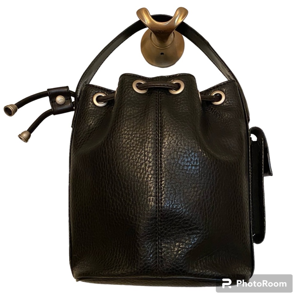 EIFFEL PARIS BAG DRAWSTRING SAC BLACK PEBBLED LEATHER SHORT TOP HANDLE PEWTER